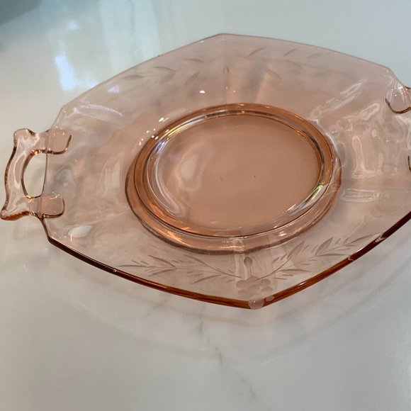 Pink Depression Glass Etched Tray with Handles - Picture 3 of 14